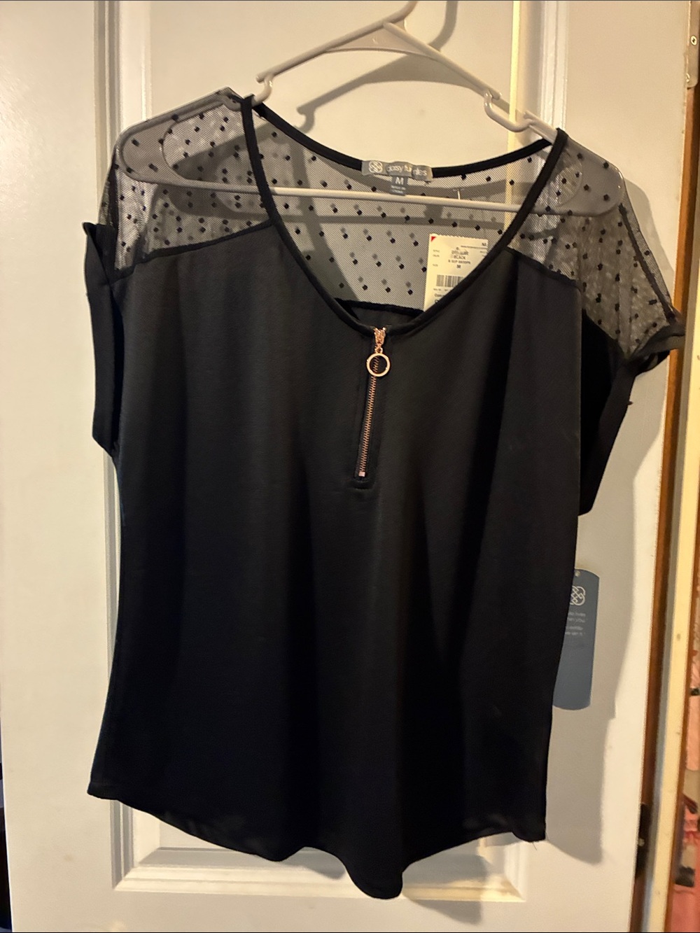 Daisy Fuentes Black Sheer Dot Yoke Zip-Front Blouse